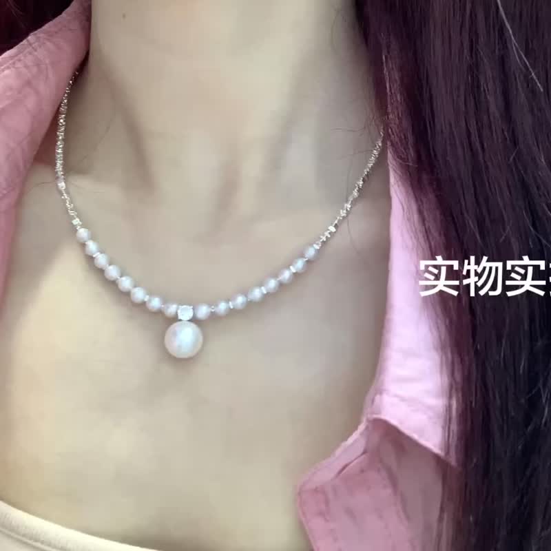 碎银子 高品质天然淡水珍珠 通体纯银 月牙项链 - 项链 - 珍珠 白色