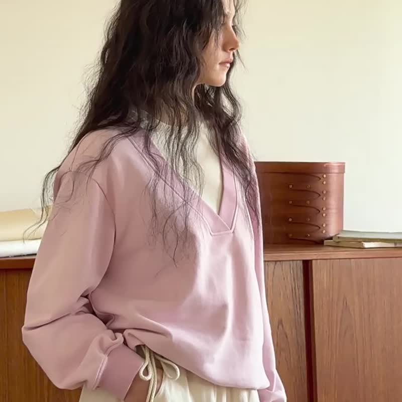 粉色/黑色 春日短句 文藝V領上衣 慵懶感假兩件針織衛衣T恤 - 女装上衣 - 棉.麻 黑色