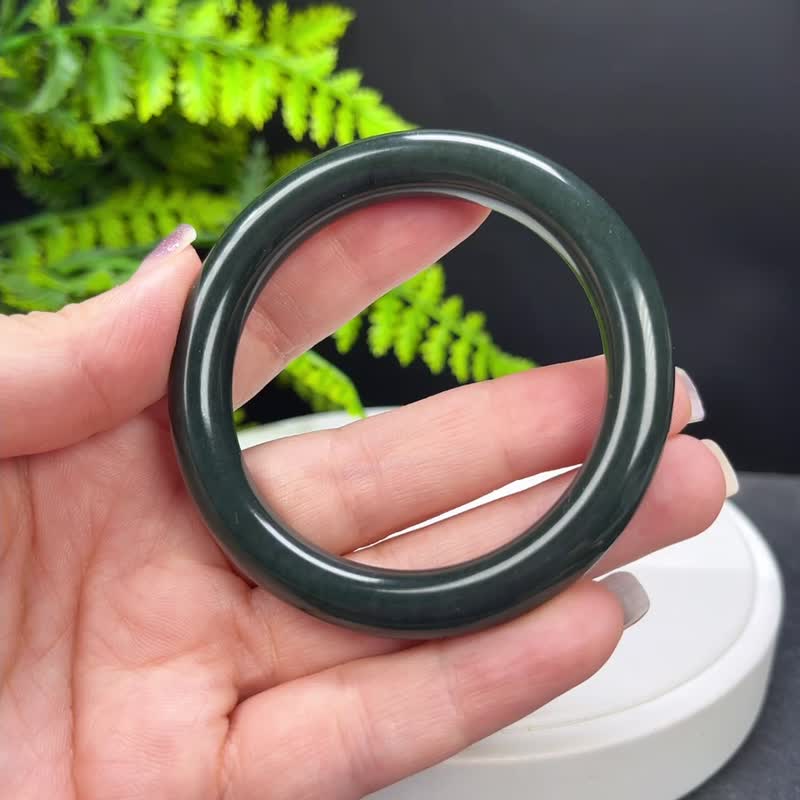 蓝调塔青和田玉手镯 52MM 圆条墨绿复古玉手环 附证书 平安吉祥 - 手链/手环 - 玉石 