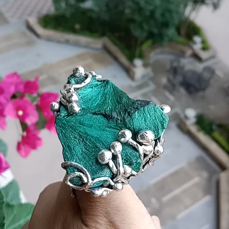 孔雀石原矿手工银戒 纯银戒指~丘~Malachite Mineral Silver Ring - 戒指 - 纯银 