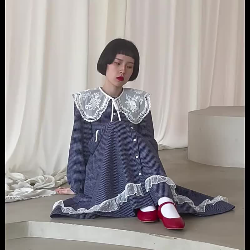 藏青藍細格紋 法式少女小清新娃娃領洋裝 棉質長袖歐根紗連衣裙 - 洋装/连衣裙 - 棉．麻 蓝色