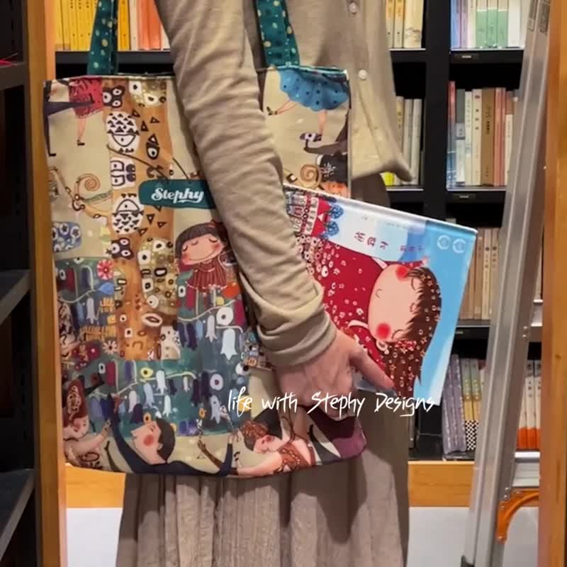 舞会手绘画风拉链帆布包/购物袋/环保提袋/文青帆布袋/托特包 - 侧背包/斜挎包 - 棉 