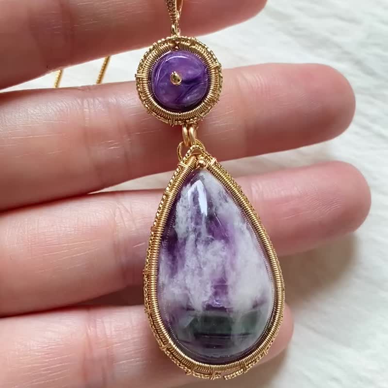 | MC |保色铜线羽毛萤石+紫龙晶项链 手工编织  wire wrap - 项链 - 宝石 橘色