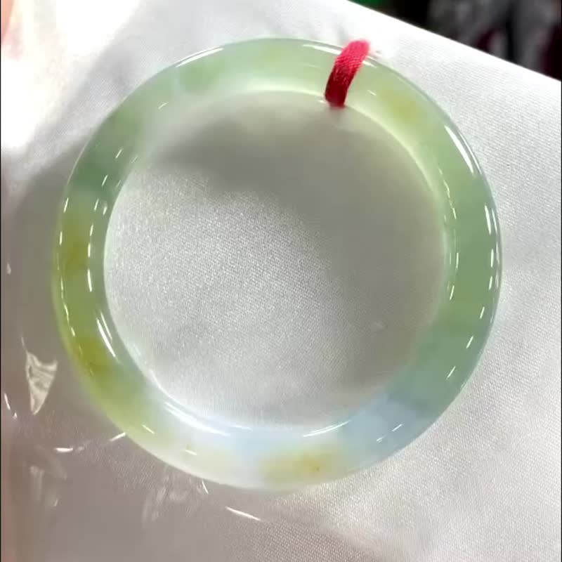 冰种玉镯 天然翡翠玉镯 A玉 手镯 • 冰种三彩翡翠圆镯 - 手链/手环 - 玉石 黄色