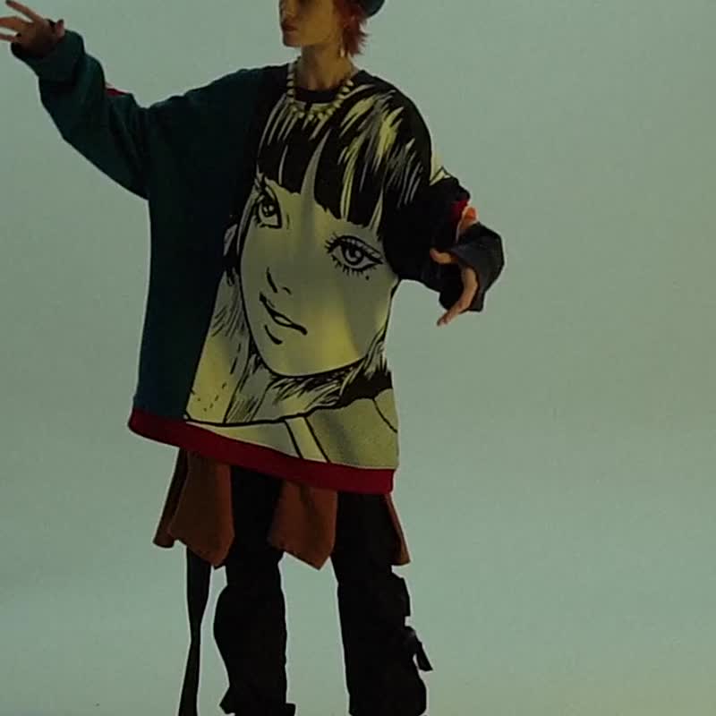 UNVESNO 伊藤润二联名款日系国潮牌衣服拼接套头卫衣 SWS-1273 - 男装外套 - 棉 蓝色