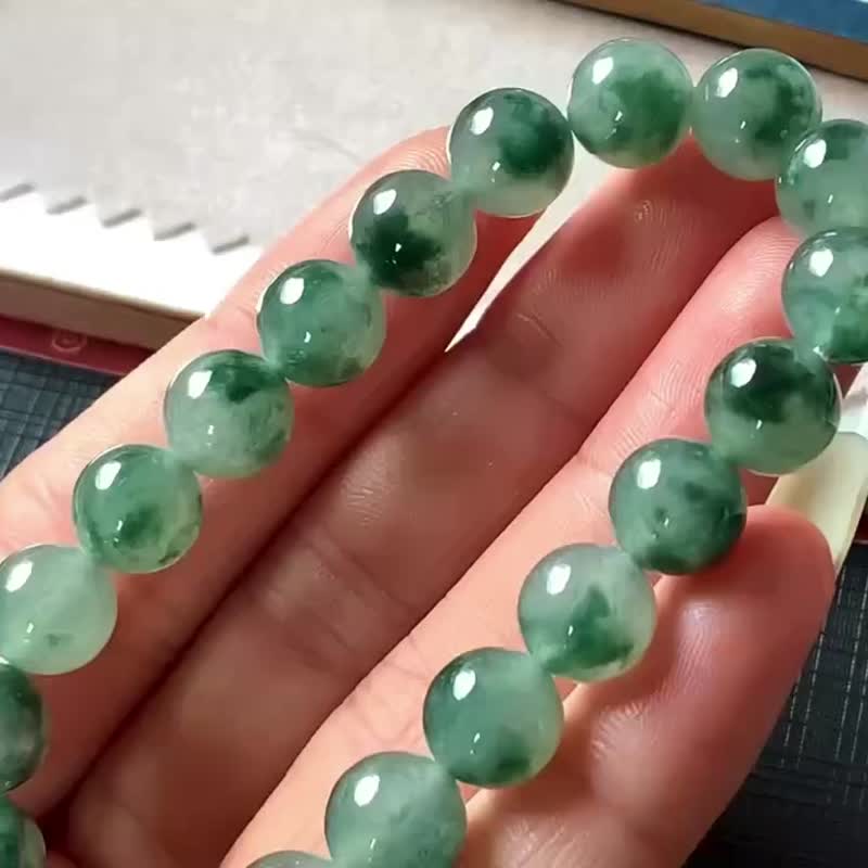 冰种翡翠天然翡翠A玉玉珠 玉链手链颈链 • 冰种飘花翡翠手串 - 手链/手环 - 玉石 绿色