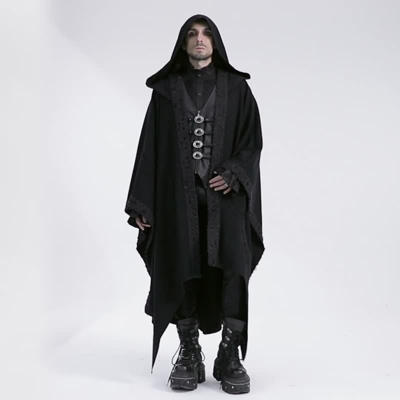 德鲁伊巫师仪式连帽长袍外套 - 丝绒 / 棉麻 / 宽松版型 - 男装外套 - 其他材质 黑色