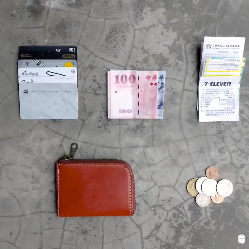卡夹零钱包 | 手工皮件 | 定制化礼物 | 植鞣革-L型零钱包 - 零钱包 - 真皮 咖啡色