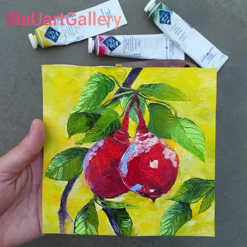 Pear Painting Fruit Original Art Tree Wall Art Impasto Oil Painting Canvas - 海报/装饰画/版画 - 其他材质 多色