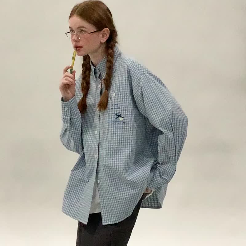 odd maker高密全棉色织格纹衬衫外套女百搭复古立领长袖宽松上衣 - 女装衬衫 - 棉．麻 