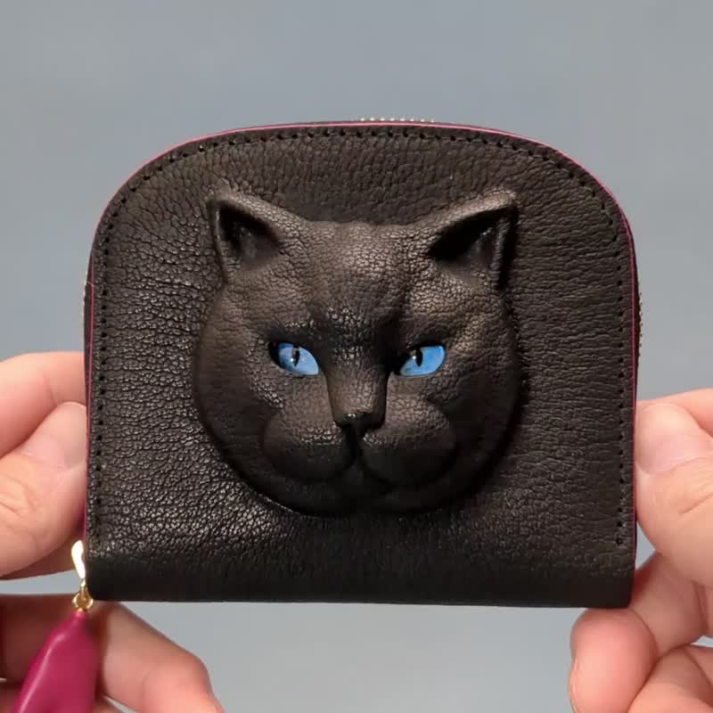 3D 英国短毛猫 皮革钱包 – 独特日本手工制作 - 皮夹/钱包 - 真皮 黑色