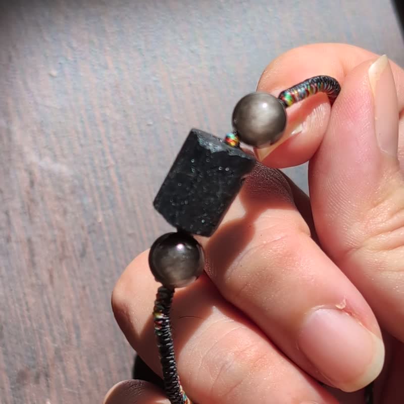 黑碧玺&银曜石金刚结编织手环│护身符│避邪挡煞│防小人 - 手链/手环 - 水晶 黑色