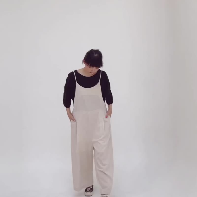 亚麻宽裤吊带裤 - 自然米色 - 背带裤/连体裤 - 亚麻 卡其色