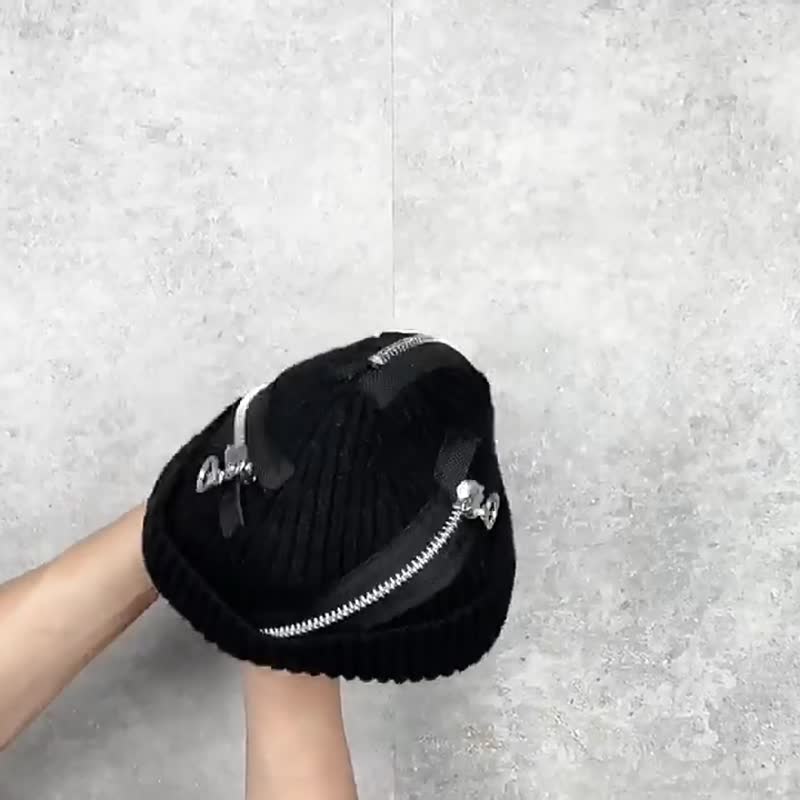 美式復古 原創小眾設計 多拉鏈高街風格 黑色冷帽 - 帽子 - 其他材质 黑色