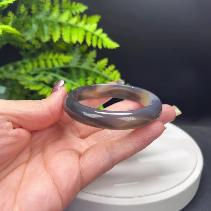 精品 深灰色玛瑙手镯 52MM 冰润天眼水墨画风 玉髓手环 脉轮共鸣 - 手链/手环 - 半宝石 灰色