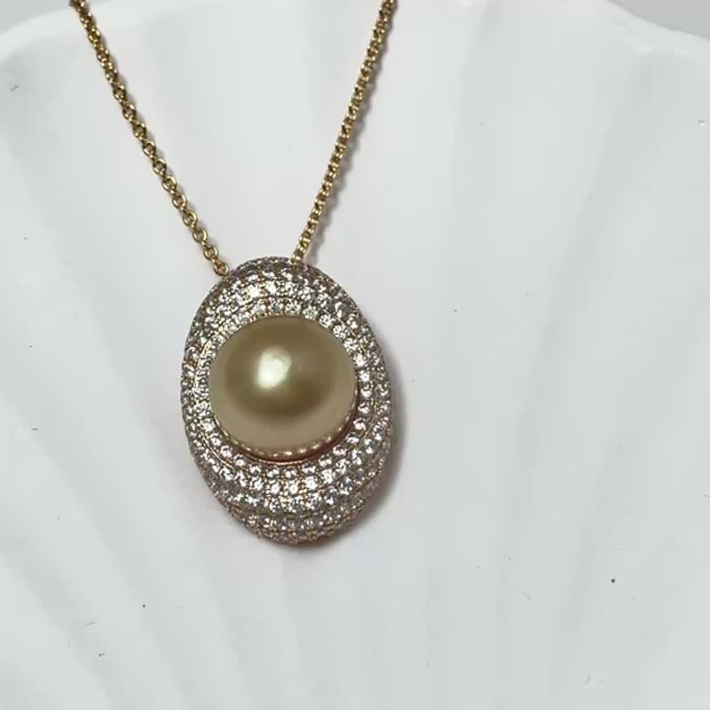 天然海水珍珠 南洋金珠 满镶晶体 纯银 吊坠 赠项链 - 项链 - 珍珠 金色