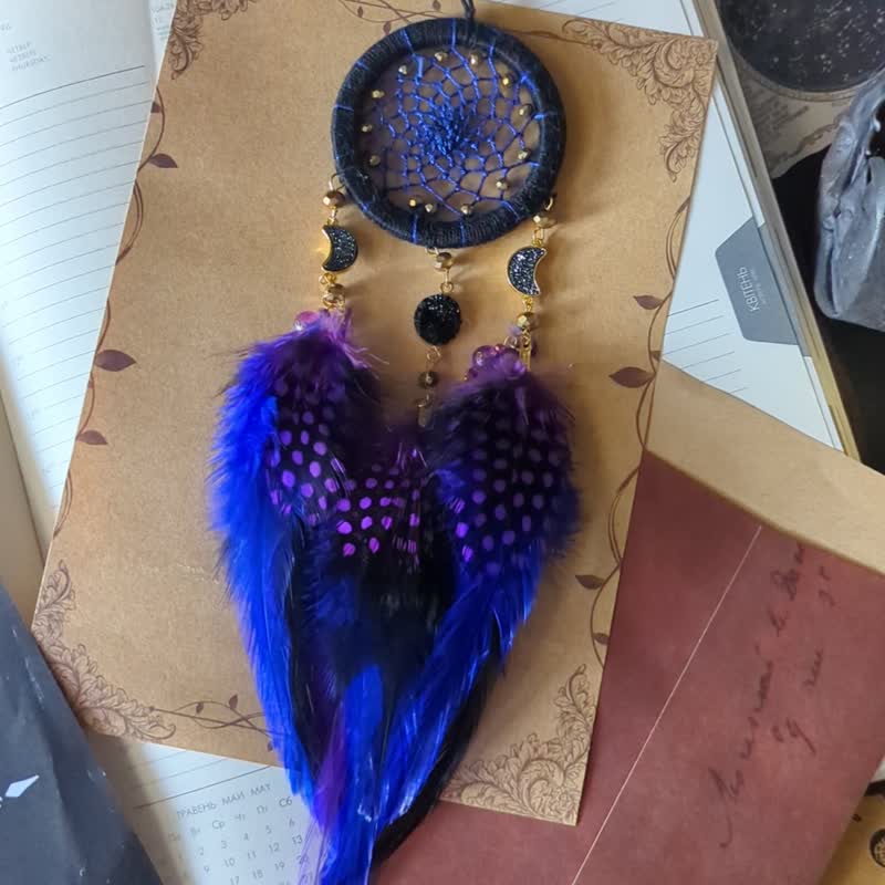 Triple Moon Dreamcatcher Black Purple Blue Feather | Car Rear View Mirror Charm - 墙贴/壁贴 - 绣线 黑色