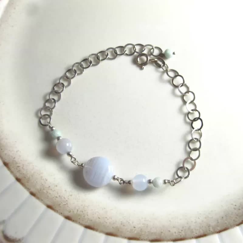 圣诞饰品圣诞礼盒|手链 时尚设计 蓝纹玛瑙+天河石+蓝玉髓+银 - 手链/手环 - 半宝石 蓝色