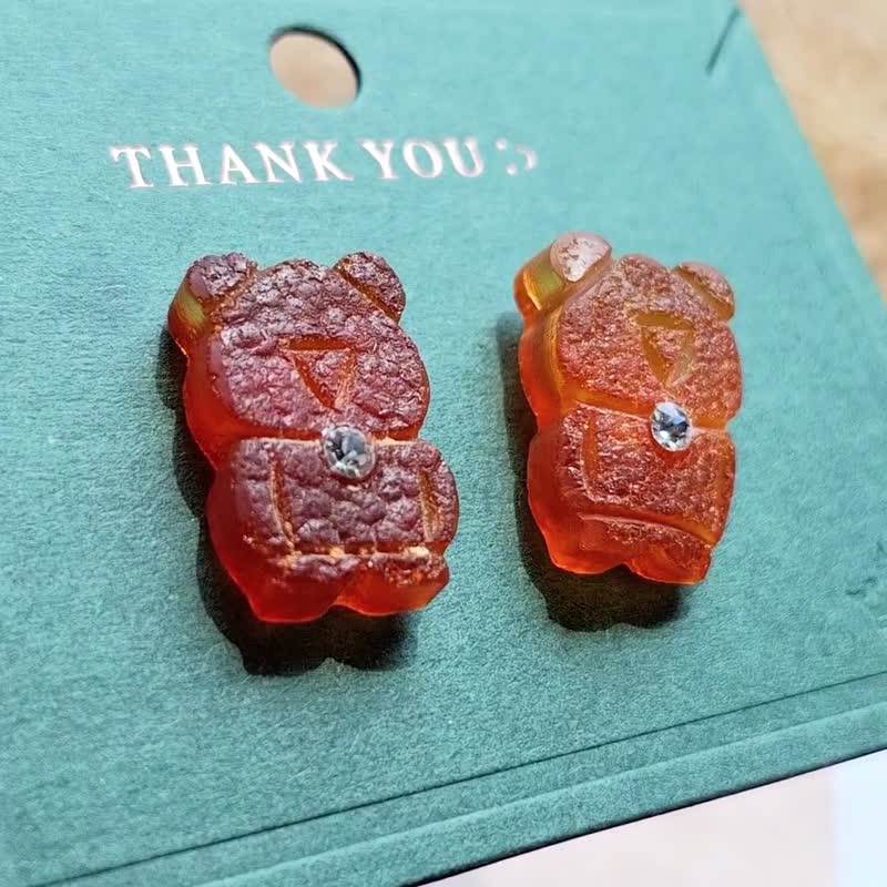 (憨憨熊上耳) 琥珀蜜蜡原矿原石 双面留皮不规整 超憨 耳钉耳环 - 耳环/耳夹 - 纯银 橘色