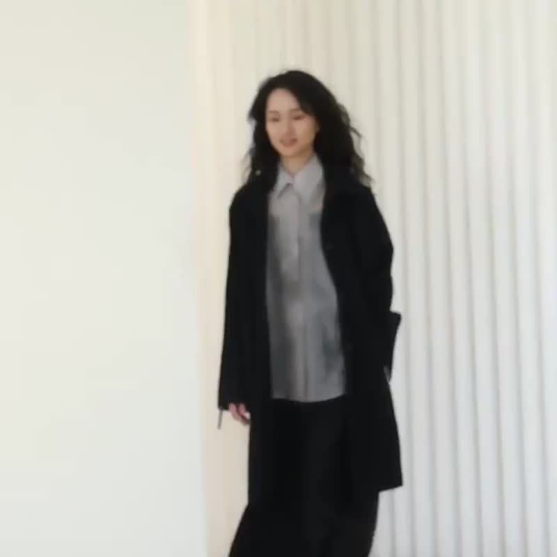 黑色 流金岁月 金属丝翻领风衣 特种面料混纺复古宽松落肩外套 - 女装西装外套/风衣 - 棉 黑色
