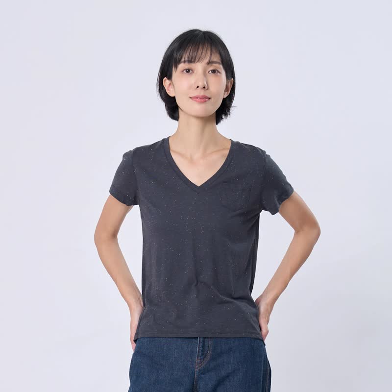 星彩棉V領燕尾口袋T恤上衣黑 - 女装 T 恤 - 棉 黑色