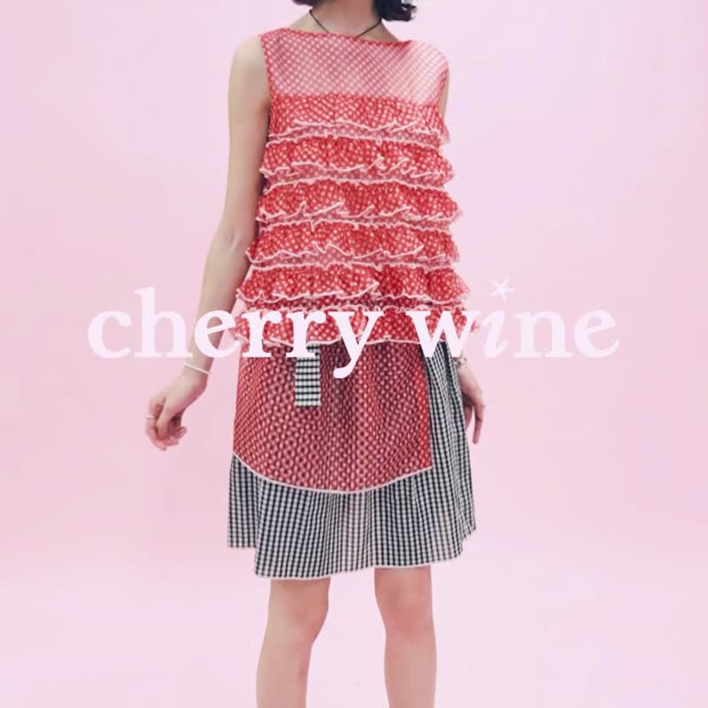 cherrywine Red waves红色海浪上衣红格子网纱宽松复古少女款 - 女装上衣 - 聚酯纤维 红色
