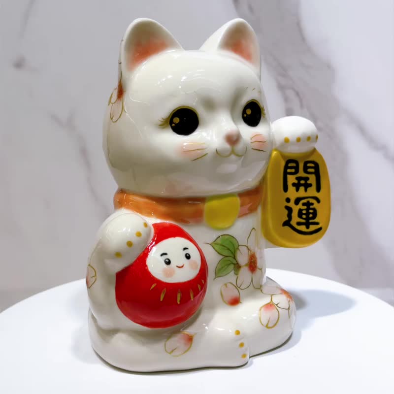 【樱彩开运】日本清水烧 | 色绘达摩招财猫 - 樱花开运 - 摆饰 - 瓷 白色