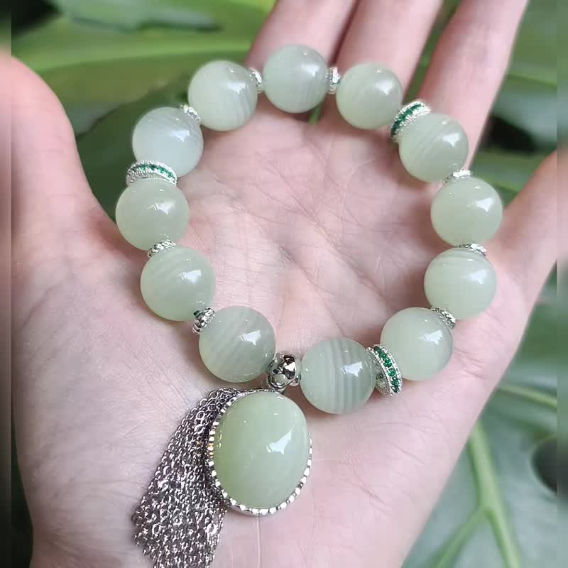 顶级 稀有 绿纹石 绿方解石 蛋面 流苏 富贵 心轮 手链 单品 礼物 - 手链/手环 - 宝石 绿色