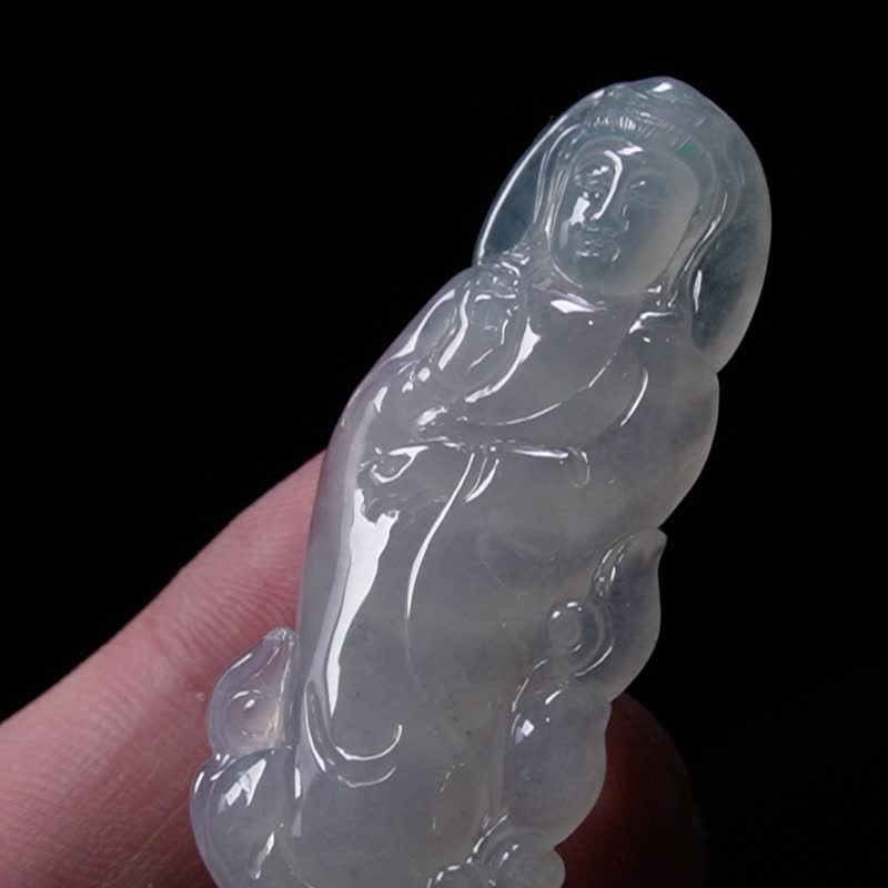 冰种翡翠观音菩萨 | 裸石 | 天然缅甸玉翡翠A货 | 送礼 - 项链 - 玉石 透明