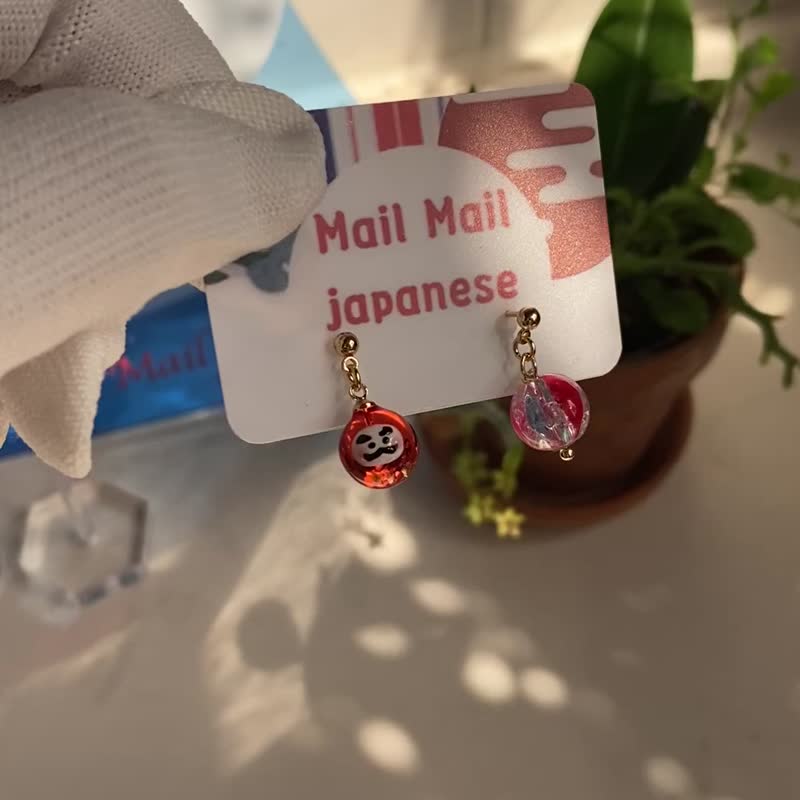 达摩配三色珠耳环、耳夹 - 耳环/耳夹 - 树脂 红色