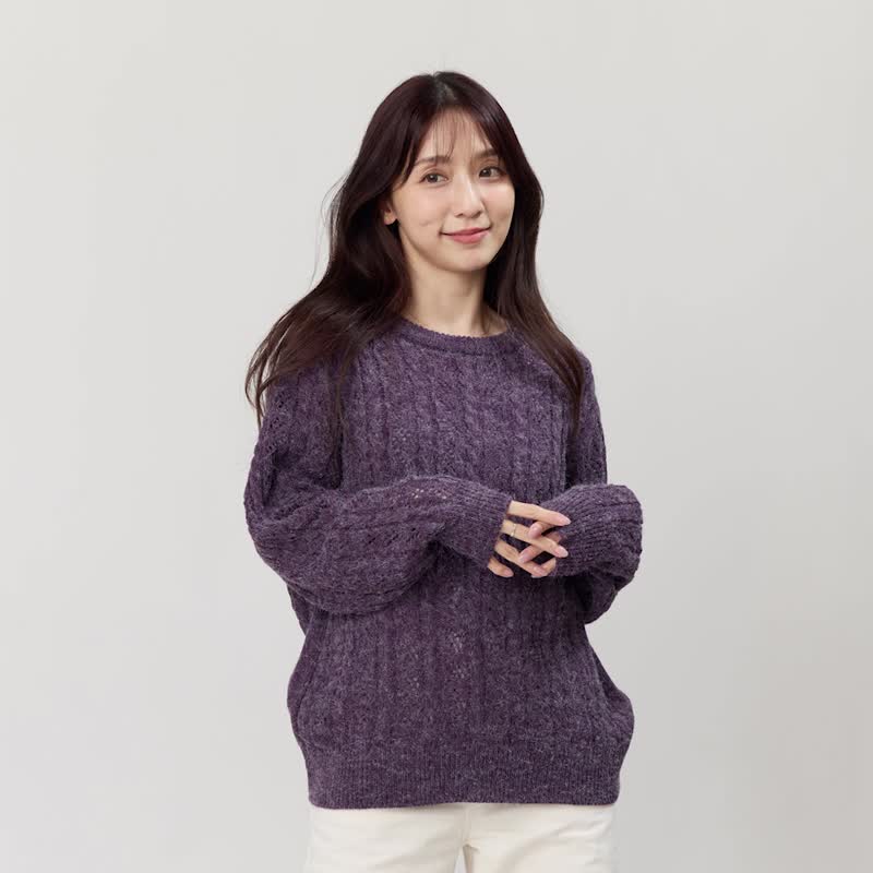 Rita圓領麻花套頭針織毛衣 - 女装针织衫/毛衣 - 棉．麻 紫色