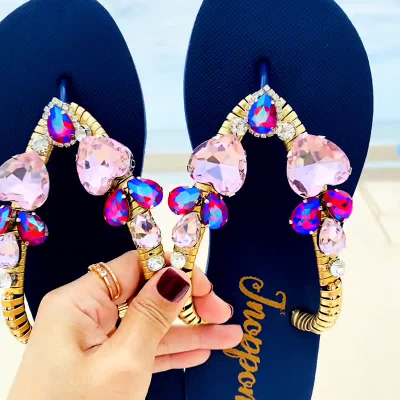 Jeweled Flip Flops Bling Flip Flops Blue Rhinestone Sandals Beach Sandals Shoes - 拖鞋 - 其他材质 蓝色