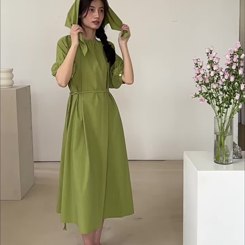 芽绿 3色 风的连接 进口棉两穿衬衫式洋装 复古灯笼袖宽松连衣裙 - 洋装/连衣裙 - 棉 绿色
