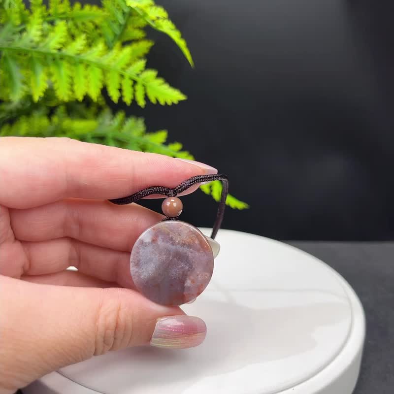 天然豆沙色飘紫珊瑚玉吊坠冰润玉化胖圆牌光面菊花玉项链驱灾辟邪 - 项链 - 半宝石 
