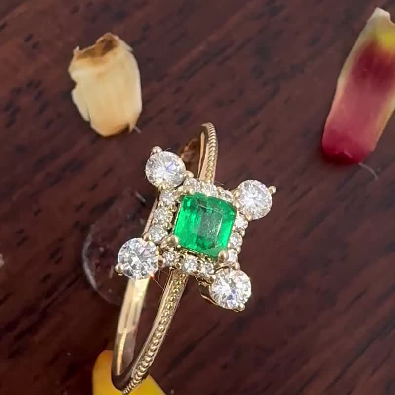 时光节点 祖母绿钻石 18K 金滚珠戒 - 戒指 - 贵金属 