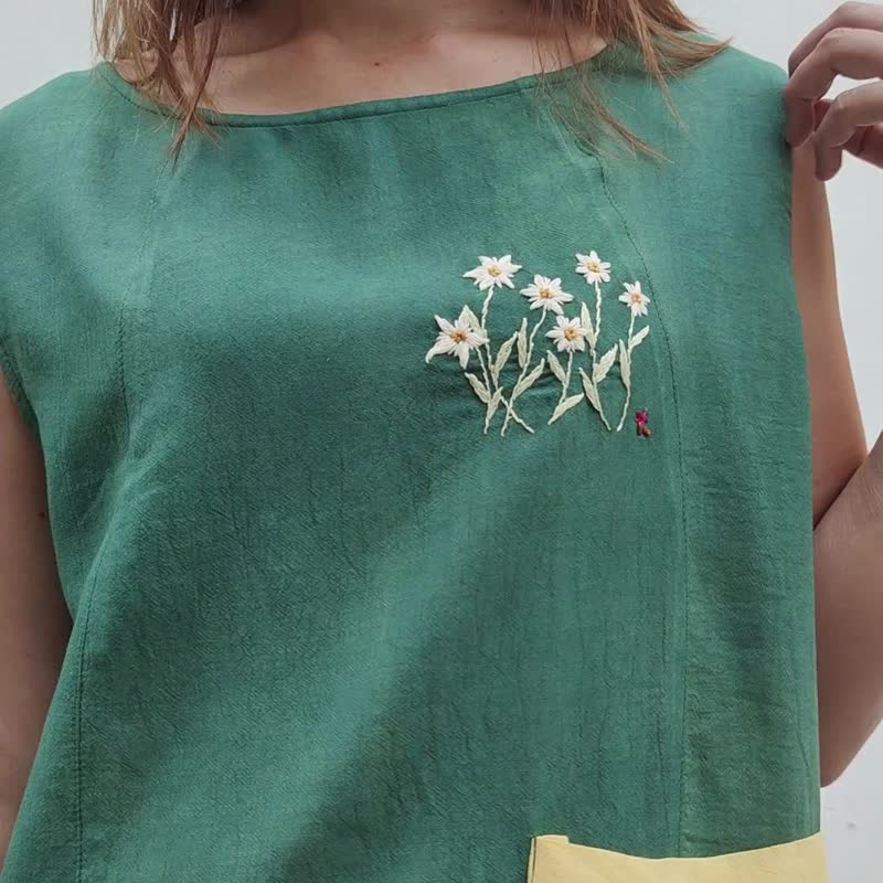 Greeny -  无袖手工刺绣花朵夏季上衣 - 女装上衣 - 棉 绿色