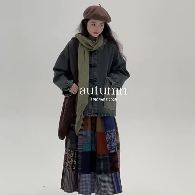 藍色 盤扣拼接牛仔外套 文藝復古拼接設計百搭開衫 - 女装休闲/机能外套 - 棉 蓝色