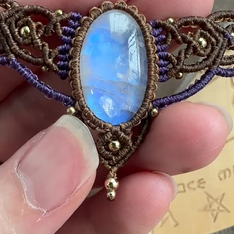 N1144 蜡线编织 月亮石 拉长石 铜珠 颈链 (可调长度) - 项链 - 宝石 咖啡色