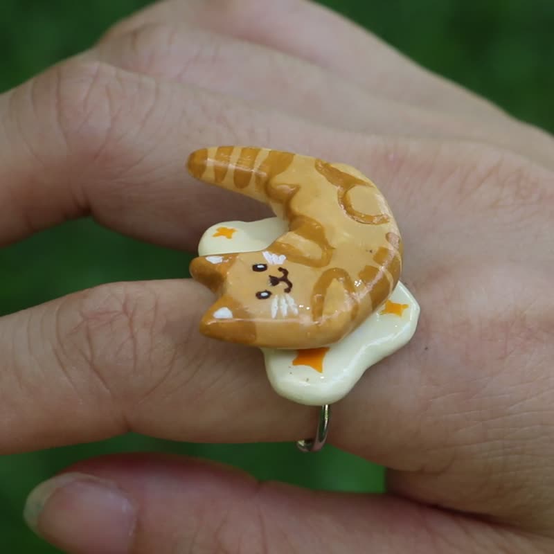 【橘之大一指放得下】爱玩粘土插画师花一天手绘橘猫旋转戒指 - 戒指 - 粘土 橘色