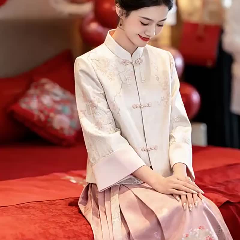 粉色 錦棠新中式新娘套裝 秋冬婚禮套裝 中式回門便裝 - 裙子 - 聚酯纤维 粉红色