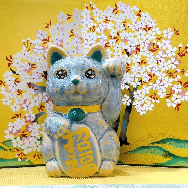 【瑞青招祥】日本清水烧招财猫 | 花结晶 灰青 - 招福 - 摆饰 - 瓷 蓝色