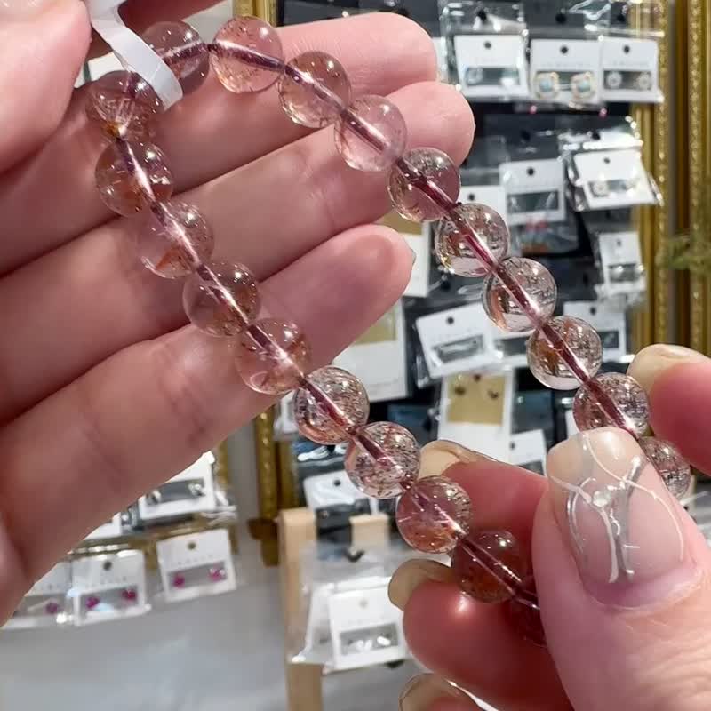 最高级稀有玻璃极光超七共生矿8.5mm19.92g紫红色矿体疗愈能量 - 手链/手环 - 水晶 多色