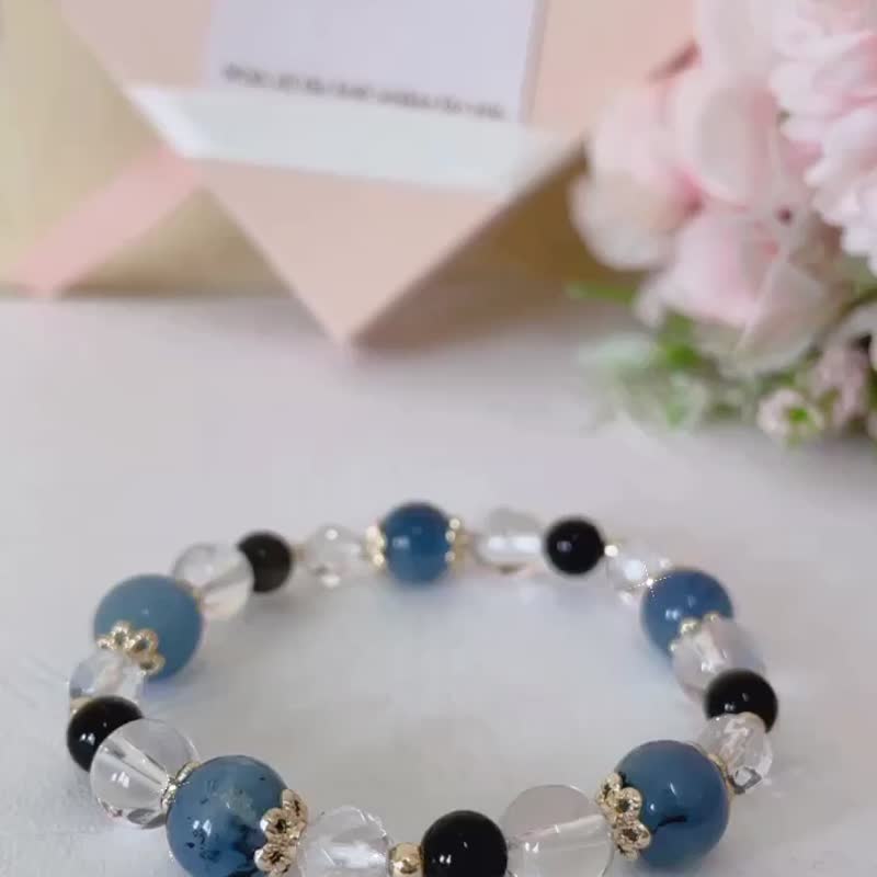 水晶手链设计款 魔鬼海蓝宝 14K包金 银曜石 白水晶 白月光石 - 手链/手环 - 水晶 多色