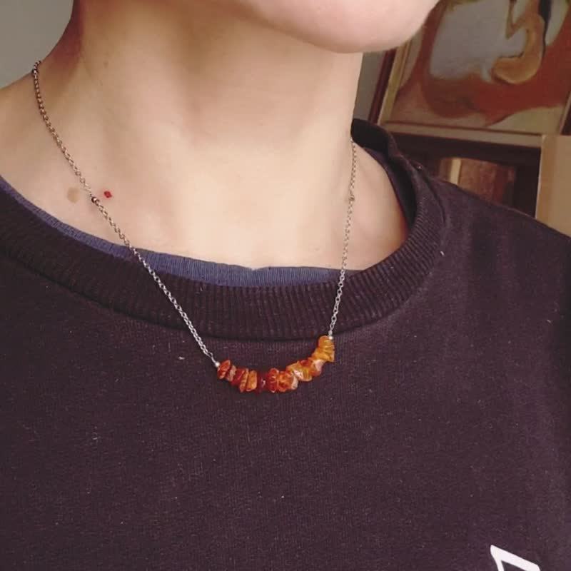 天然琥珀项链，925 纯银，红马年礼物，牧羊座宝石，狮子座宝石 - 项链 - 水晶 橘色