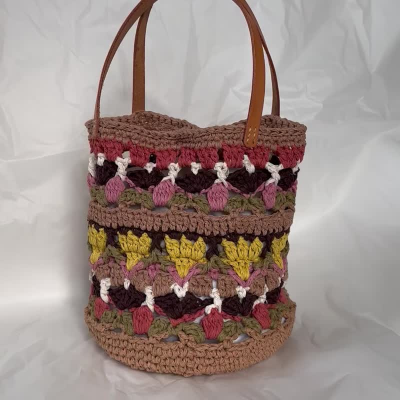 纯手工编织 夏天的颜色草编水桶包 真皮手提袋 summer yarn bag - 束口袋双肩包 - 其他材质 卡其色