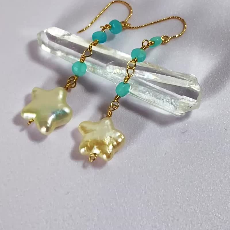 アマゾナイトとスターパールのピアス SS23 - 耳环/耳夹 - 珍珠 白色