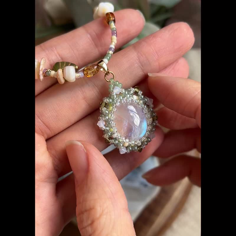 月亮石 玻璃米珠x天然石 串珠吊坠 配珠珠链 - 项链 - 水晶 绿色