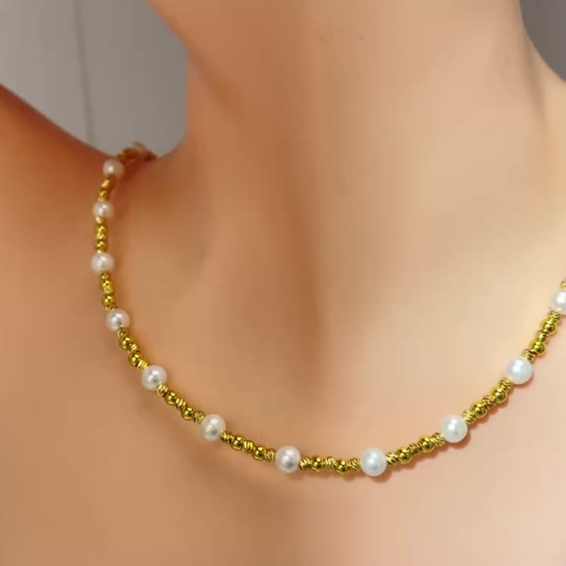 金色波澜 天然淡水珍珠 华丽 爱心 磁吸扣 项链 - 项链 - 珍珠 白色