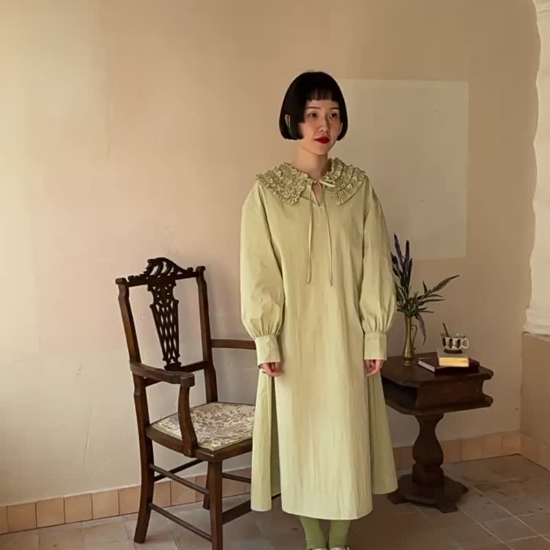 綠色 立體花邊領洋裝連身裙 長袖氣質法式長裙子 - 洋装/连衣裙 - 棉．麻 绿色