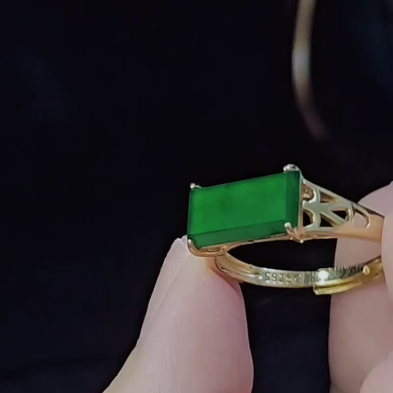 招财|无事牌|A货翡翠老坑种冰玻辣绿无事牌12mm纯银镀金男戒戒 - 戒指 - 玉石 